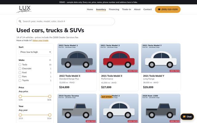 Inventory with sample Teslas and trucks (desktop)