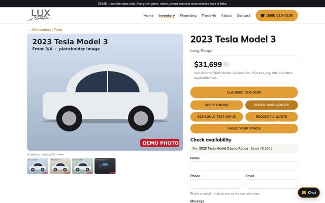 Car page with photo gallery and inquiry form (desktop)