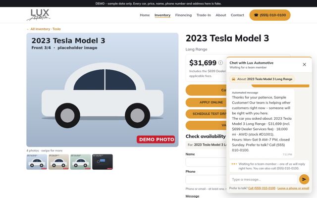 Chat with an automatic reply and car context (desktop)