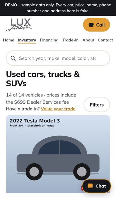 Inventory with sample Teslas and trucks (phone)