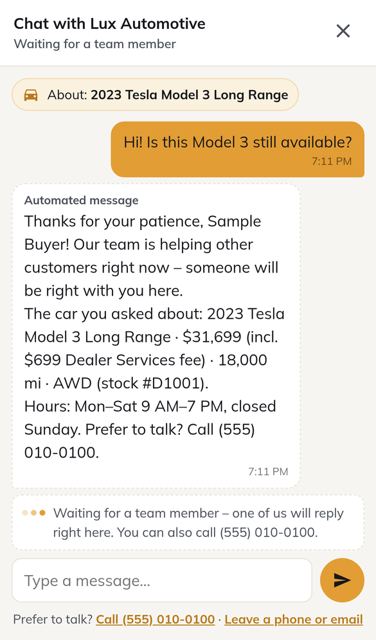 Chat with an automatic reply and car context (phone)