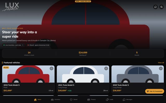 Home screen with live inventory stats and featured vehicles (desktop)