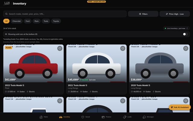 Inventory search with filters and price-drop badges (desktop)