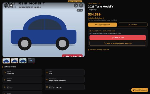 Car detail with Mark sold / Mark pending controls (desktop)