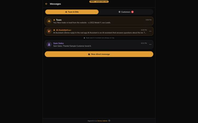 Staff messages, with the AI assistant pinned at top (desktop)