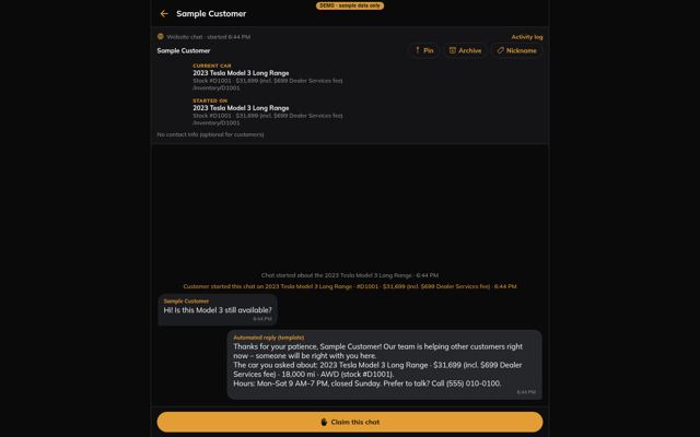 A customer chat thread with car context and Claim this chat (desktop)