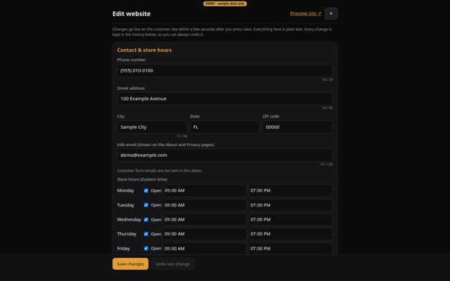 Edit website: admins update site text and hours without code (desktop)