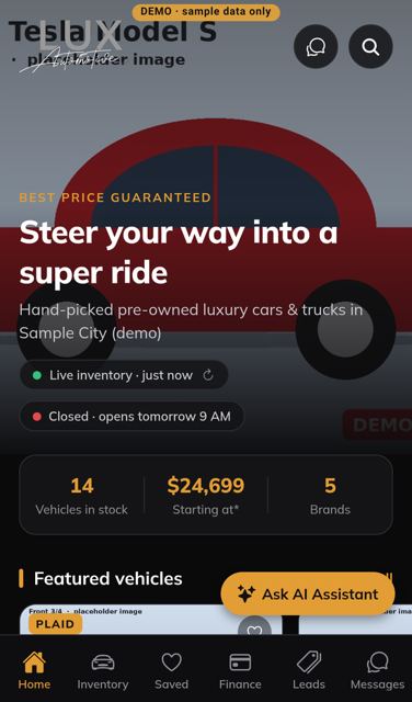 Home screen with live inventory stats and featured vehicles (phone)
