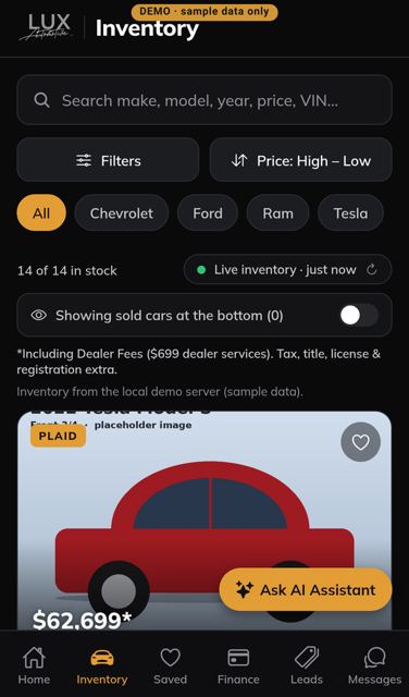 Inventory search with filters and price-drop badges (phone)
