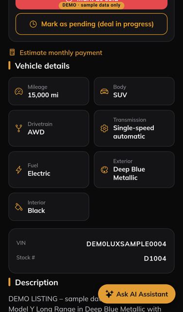Car detail: specs, features and description (phone)