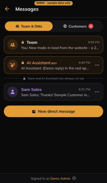 Staff messages, with the AI assistant pinned at top (phone)