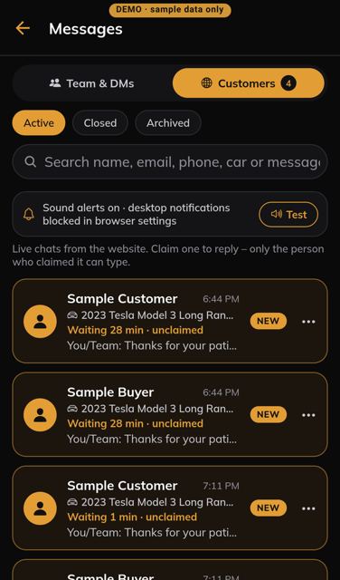 Customer chat inbox fed by the website's chat bubble (phone)