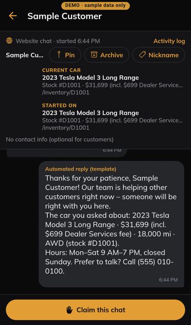 A customer chat thread with car context and Claim this chat (phone)