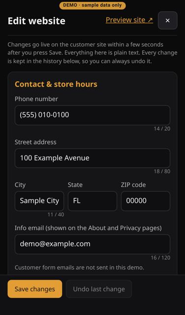 Edit website: admins update site text and hours without code (phone)