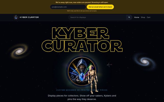 Home page with the droid overlay drifting past and spinning galaxies (desktop)