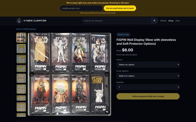 Product page with photo thumbnails and options (desktop)